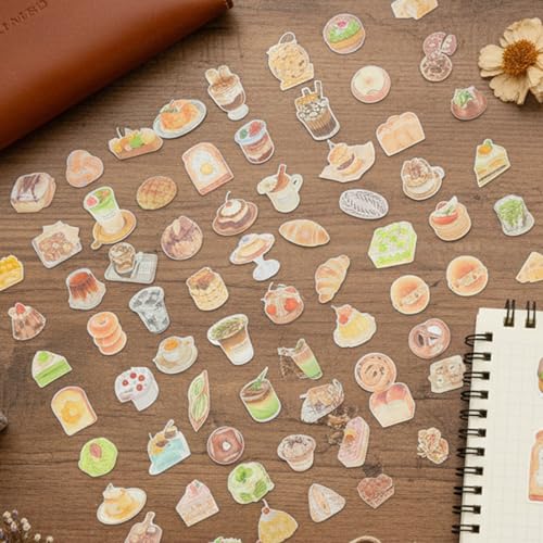 80 Piece Food Stickers for Scrapbooking Dessert Cake Clear Stickers Funny Baking Sticker Retro Bread Coffee Transparent Decorative Decals Vintage Aesthetic Sticker for Journal Planner DIY Crafts