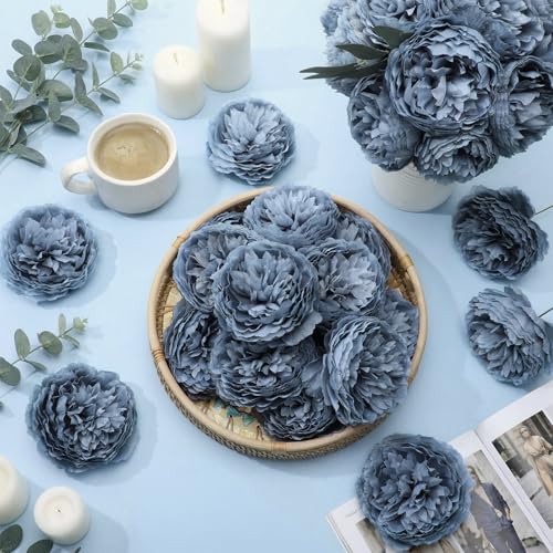 Suncalla Artificial Peony Rose Flowers Heads 4.7 Inches Silk Fake Peony Head Flowers for Wedding Bridal Bouquet Home Floral DIY Centerpieces Tables Party Decorations(Dusty Blue,25 Pcs) - color: Dusty Blue
