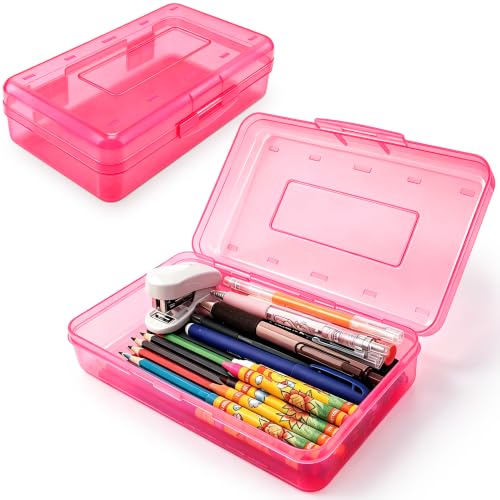 Pencil Box, Pencil Case, Hard Plastic Pencil Box Large Capacity Crayon Case, Organizer with Snap-tight Lid Stackable, Clear Storage Boxes for Girls Boys Classroom Back to School Office Supplies, Pink - color: Rose Pink