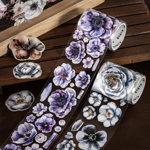 Flower Washi Tape Stickers for Journaling Supplies, Floral Stickers for DIY | Flower, 6 Rolls of Vintage Floral Scrapbook Stickers for Scrapbooking, Junk Journal Supplies, DIY Crafts, Planner - color: Night