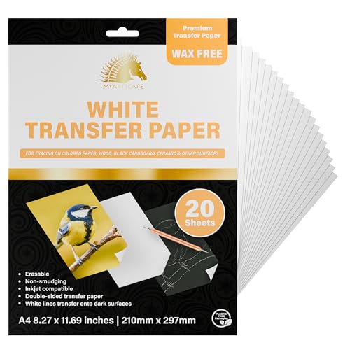 MyArtscape Graphite Transfer Paper - A4 White 20 Sheets | Wax free carbon paper graphite paper sheets for clean erasable tracing on dark surfaces and fabric