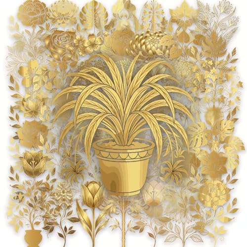 Gold Floral Stickers 50 Pcs, Waterproof PET Vintage Botanical Decals - style: gold floral
