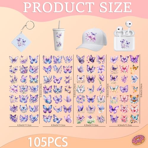 105 PCS Purple Butterfly Flower UV DTF Stickers | Durable no-heat cold Rub on stickers for keychains and party decorations.for DIY crafts and drinkware decoration - style: Purple Butterfly Flower