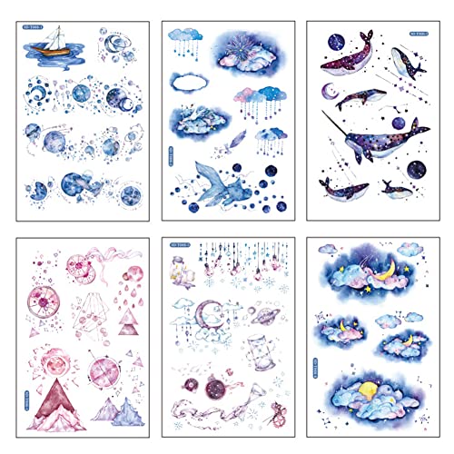 12 Sheets Washi Stickers Fantasy World Colorful Cloud Start Light Whale Ship Planet Celestial Sticker for Scrapbooking Planner Journal Art Craft Project Diary Card Water Bottle Gift Box Album Books - color: P