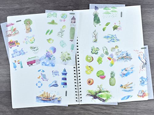 12 Sheets Summer Washi Stickers Green Plant Fruit Swiming Traveling Seaside Leisure Time Scrapbooking Supplies for Art Crafts Journaling Planner Diary Junk Journals Collage Water Bottle Arts Décor - color: L