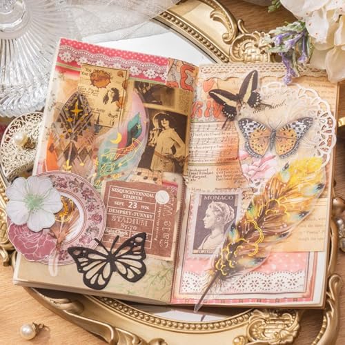 80 Pcs Large Gold Foil Feather Stickers, Aesthetic Celestial PET Stickers, Waterproof Translucent Ephemera for Junk Journaling, Scrapbooking, DIY Crafts, Laptop and Tablet Decor - color: Glittering Feather