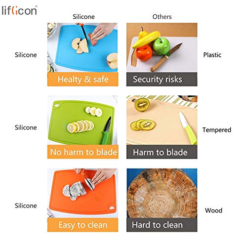 Liflicon Silicone Thick Cutting Boards Mats Set of 3pcs Foldable & Flexible Design Juice Grooves Easy Grip Handle Dishwasher Safe for Kitchen,BPA free Chif-Blue - color: Blue, size: 9.1"L x 7.1"W, 12.6"L x 9.1"W & 14.6"L x 10.4"W