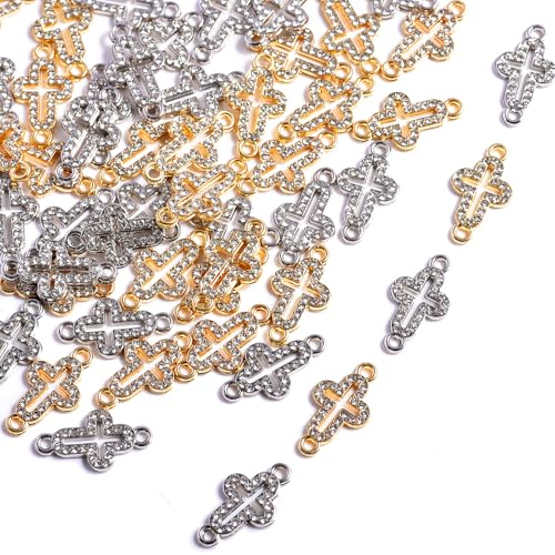stino 40/50 Pieces Rhinestone Charms, Turtle Heart Bow Cross & Rhombus Jewelry Making Supplies, Silver & Gold Plated Crystal Pendants - style: Cross (Double-Hole 50PCs)