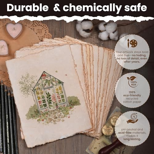 LEATHER VILLAGE Vintage Deckled Edge Handmade Watercolor Paper 7.5x11.5 | 50 Sheets of 150 GSM thick cotton paper with warm aged look for drawing, watercolor, ink, sketching and letter writing - color: Antique/Vintage, size: 7.5"x11.5"