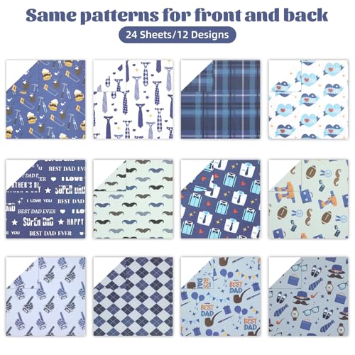 24 Sheets Blue Father's Day Scrapbook Paper, 11.8x11.8 Inch Double-Sided Print Decorative Craft Paper, Scrapbook Specialty Papers for Card Making Photo Album Decor - color: WW088FQJBB