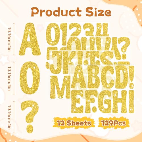 Bulletin Board Letters 129 PCS Glitter Gold Letter Stickers Large 4 Inch - color: Gold, size: 4 Inch