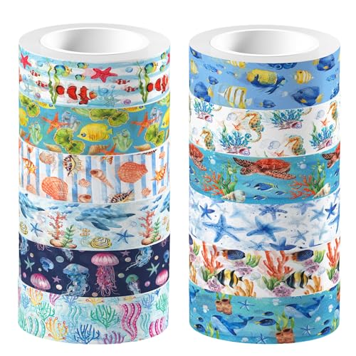 Adirasenotek Ocean Washi Tape Set 12 Rolls,Decorative Tape Washi Tape,Tropical Style Sea Animals Ocean Party Decorative Tape Sticker for Scrapbook Journal DIY Art Crafts Gift Wrapping