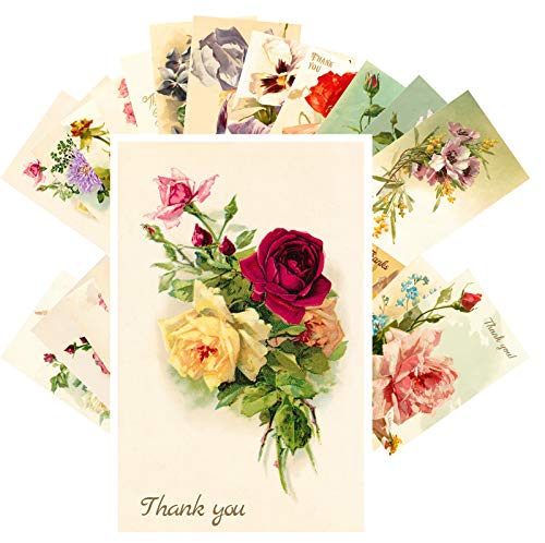 PIXILUV THANK YOU Vintage Cards 24 pcs Flowers Roses Poppy Garden Wild Retro Postcards REPRINT - color: Pink