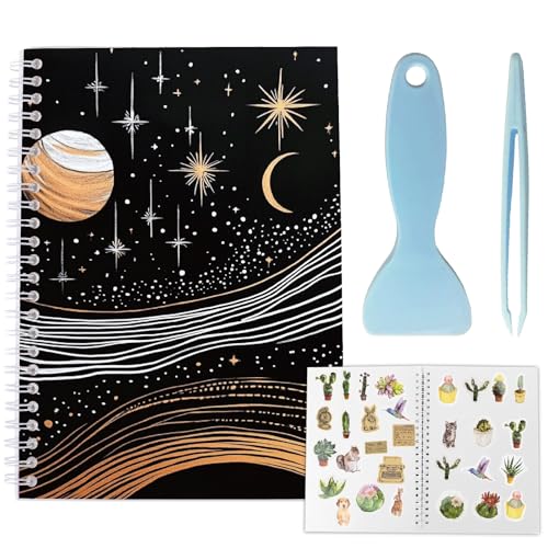 CRASPIRE 40 Sheets Reusable Sticker Book Sticker Holder Album A5 Release Paper Waterproof Planets Star Moon Blank Storage Collecting Organizer with Scraper and Tweezer for Labels Collection Supplies - style: Planet-030