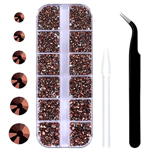 3792pcs Gold Rose Crystal Flatback Rhinestones Glass Diamantes Round Gems for Crafts Nail, Makeup, Clothes, Mixed 6 Sizes with Wax Pencil and Tweezer Kit(SS6~SS20) - color: Gold Rose