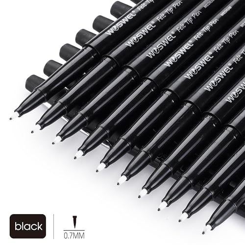 WOSWEL Black Felt Tip Pens, 32 Black 0.7mm Medium Point Felt Tip Markers Pen for Journaling, Note Taking, Planner, Writing,Drawing.Perfect for Art Office and School Supplies