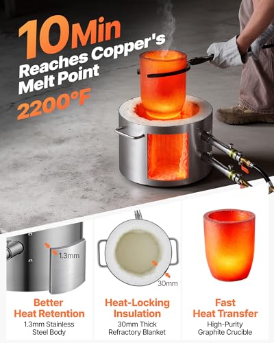 VEVOR 16KG Propane Melting Furnace Kit, Gas Metal Smelting Kit, Dual Burner Foundry Home Kiln with Crucibles and Tongs, Forge Casting Tool for Gold Silver Copper Aluminum Metal Recycle - size: 16 KG