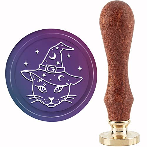 CRASPIRE Magic Cat Wax Seal Stamp Halloween Sealing Wax Stamps Witch Hat 30mm Retro Vintage Removable Brass Stamp Head with Wood Handle for Wedding Invitations Christmas Thanksgiving Gift Packing - style: Halloween Cat Magic Hat