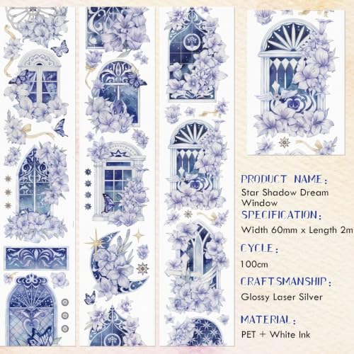 Sitsink PET Tape for Journal Scrapbooking - Gothic Window Purple Flowers PET Tape Stickers for Crafts Junk Journal Supplies Notebook Scrapbook DIY Decor Ornament - style: Purple Window Flower