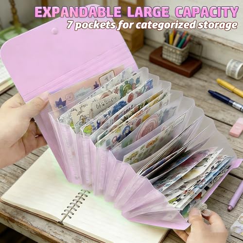 Sticker Storage Organizer with 7 Expandable Pockets, Multi-Layer Desktop Sticker Binder for Scrapbook Essentials and Journal Organizer, Large Capacity for Thick Sticker Album, Washi Tape(Light Purple) - color: purple