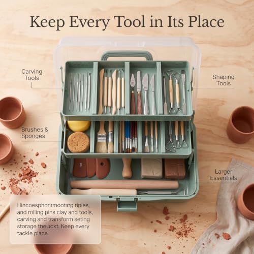 Quntharil Pottery Tool Organizer, 3-Tier Pottery Tool Storage Box with Removable Dividers, Plastic Craft Organizer Case Art Supply Storage with Handle and Safety Latch for Studio & Travel, Green