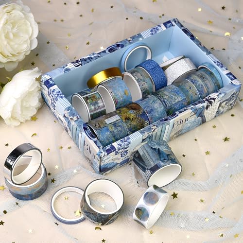 Washi Tape Set, 24 Rolls Vintage Washi Stickers, Assorted Sizes, for Junk Journal Scrapbook Tape, Bullet Journaling Scrapbooking Supplies, Planner Sticker DIY Craft DéCor (Blue) - color: Blue