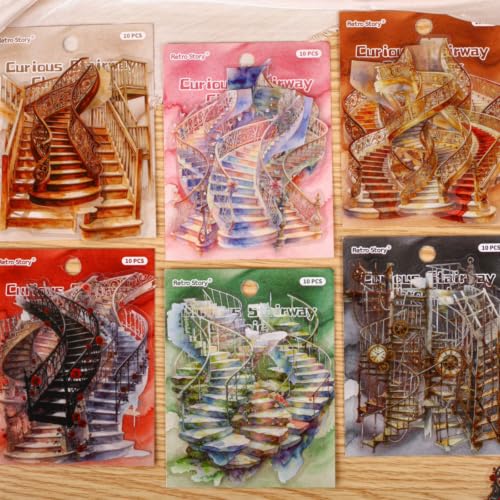 60 Pcs Surreal Ladder Stairs PET Stickers, Vintage Architecture Decals | Aesthetic Ephemera Pack for Scrapbooking, Creative Junk Journal Bullet Supplies (6 Packs) - color: Ladder Series