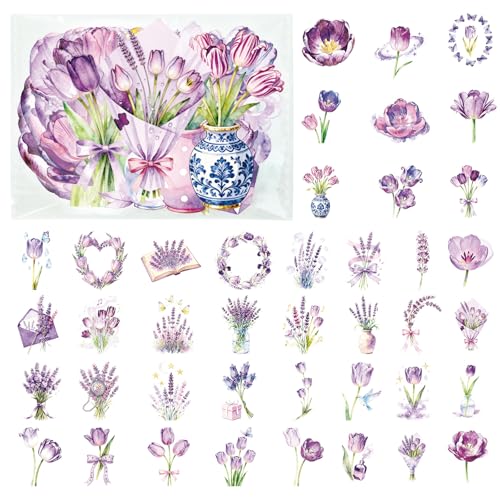 56Pcs Natural Flower PET Stickers Set | Transparent floral decals with lavender and tulip designs for scrapbooking, journals,laptops and personal decor. - style: Purple Tulip Floral