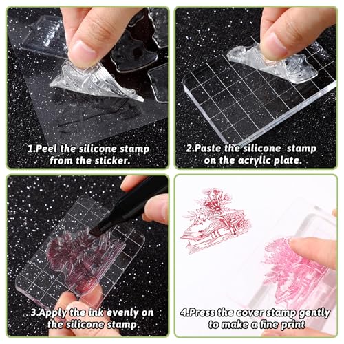 4 Sheets Vintage Book Reading Label Rubber Clear Stamps Set for Card Making and 3 Pcs Acrylic Stamp Block Tools with Grid Lines Transparent Book Sentiment Stamp for DIY Scrapbooking Card Album Craft