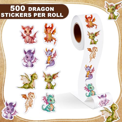 Qeeenar 500 Pcs Dragon Animal Stickers Roll, Reward Decals for Kids | 8 Cute Designs, Suitable for Teacher Rewards, Classroom Party Favor, Scrapbooking Decoration, Motivational Incentive Stickers - style: Dragon Animal