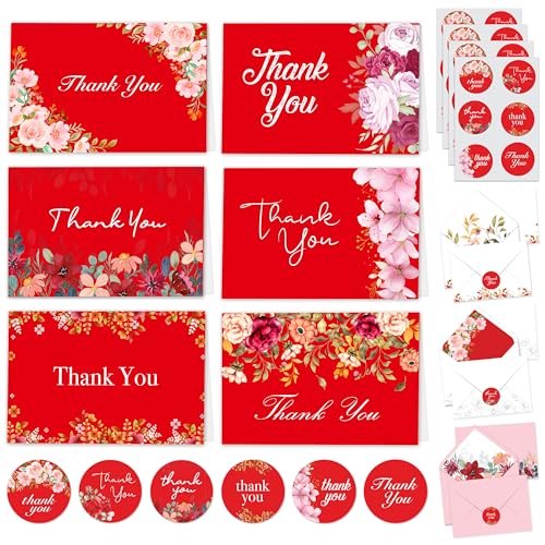 Decorably 24 Pack 6x4in Red Flowers Thank You Cards with Envelopes - style: Red Flowers