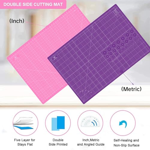 Headley Tools Thickened 24 x 36 Inch Self Healing Sewing Cutting Mat, A1 Rotary Cutting Sewing Mat for Crafts, Double Sided 5-Ply Table Cutting Board for Fabric Quilting Leather Hobby, (Pink/Purple) - color: pink/purple, size: 36"L x 24"W