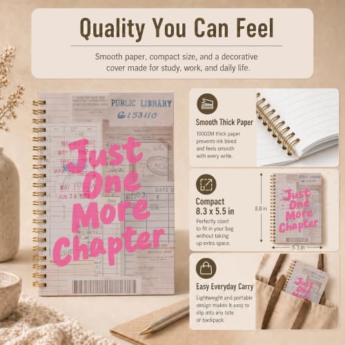 Vintage Pink Book Reading Spiral Notebook 5.5x8.3 Inch | Book Lovers Reader Bookworm Gifts for Women,Just One More Chapter Bookish Hardcover Lined Notebook Journal - color: pattern-2