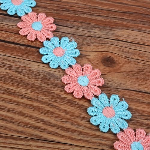 15 Yards Daisy Flower Lace Trim Embroidered Floral Lace Sewing Trim Ribbons for Embellishment Craft Dress Hair Accessories Decorations(Pink/Blue) - color: Pink+Blue