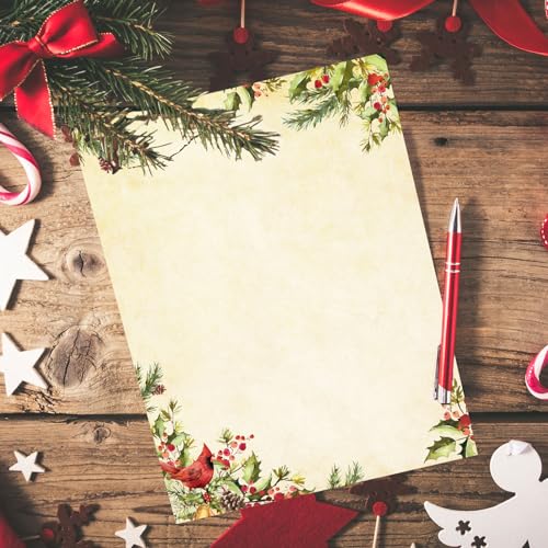 JarThenaAMCS 80 Sheet Christmas Stationery Paper Xmas Cardinal Bird & Holly Letterhead Letter Writing Paper for Holiday Greeting Card Invitation Office Printing, 8.5 x 11 In, Double-Sided - style: Cardinal Bird