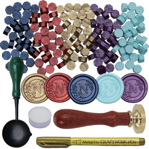 Initial Alphabet Wax Seal Stamp Set, Retro Letter N Sealing Stamp with 150Pcs Sealing Wax Beads in 5 Color, Melt Non Stick Spoon Pen Kit for Wedding and Christmas (N) - style: N