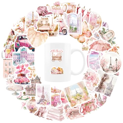 50 Pcs Pink Paris Aesthetic Stickers for Gril, Watercolor French Travel Stickers, Cute Parisian Vinyl Decals for Laptop, Water Bottle, Journal, Scrapbooking, Paris Lovers Gifts - color: Paris