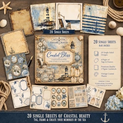 CRAFTS Coastal Bliss Vintage Nautical Scrapbook Paper | 20 single-sided sheets with seaside ephemera, tags & alphabet stickers. Ideal for junk journals, mixed media & card making. - size: 6x6