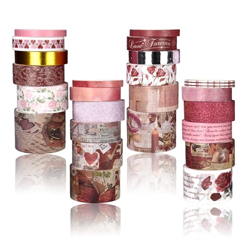 Washi Tape Set, 24 Rolls Red Vintage floral Journaling Supplies,for Christmas Valentine's Day Journaling Supplies Journal Scrapbook Tape, Bullet Journaling Scrapbooking Supplies, DIY Art Decorative - color: Red