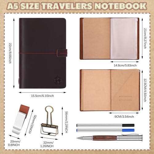 Thenshop A5 Leather Journal Refillable Notebook Travel Diary Handmade Travelers Refillable Leather Journal for Men and Women with 3 Notebook Inserts, Pen Holder, Binder Clip