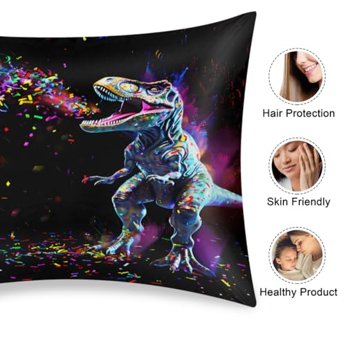Satin Pillowcase for Hair and Skin, Standard Size Glowing Dinosaur Rex Rainbow Galaxy Decorative Pillow Sham with Envelope Closure Pillow Cover for Bedroom Hotel - color: Dinosaur, size: 20x26in