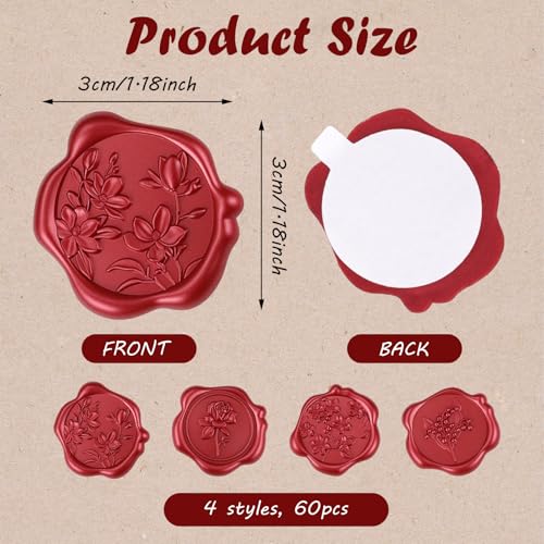 60 Pcs Wax Seal Stickers for Envelopes, Red Rose, 4 Flower Styles - color: Red