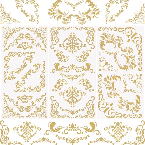 WANDIC 3 Sheets Golden Rub on Transfer Stickers, Gold Vintage Border Transfer Decals Retro Furniture Border Stickers for Crafts Furniture DIY Crafts,15 * 30cm - color: Vintage Border