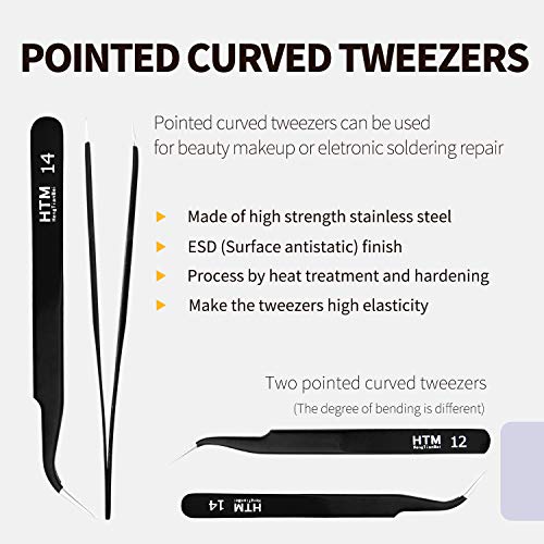 HengTianMei 7Pcs Precision Micro Tweezers Set, Anti-Static Stainless Steel, 3 Sharp Pointed Tweezers, 2 Curved Tweezer, 2 Serrated Tweezer for Eyelash Extensions, Craft, Jewelry, Soldering,Electronics - size: 7PCS