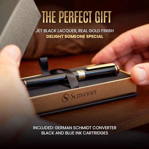 Scriveiner Luxury Fountain Pen - Stunning Black Lacquer Pen, Real Gold Finish, Schmidt Gilded Nib (Fine), Converter, Best Pen Gift Set for Men & Women, Professional, Executive, Office, Nice Pens - color: 1. Black with Gold, style: Fine Nib