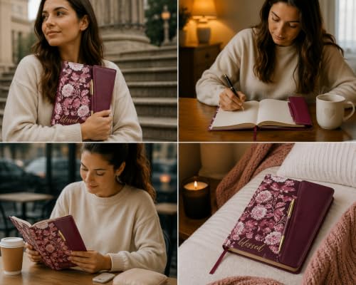 Eccolo Christian Journal Notebook Hardcover Lay Flat 192 Ivory Lined Pages - color: Maroon and White Print with Pen, size: 6X8