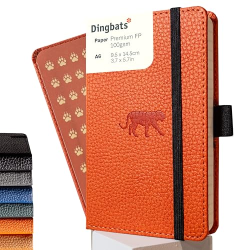 Dingbats* - Wildlife A6 Grid Pocket Notebook - PU Leather Hardcover Small Journal for Work, Travel - Pocket, Elastic Closure, Pen Holder, Bookmark - color: Orange Tiger, style: Squared