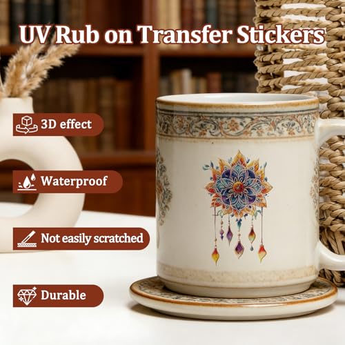 WANDIC 3 Sheets UV DTF Rub on Transfer Stickers for Craft,Mandala Flowers Theme Cup Warp Waterproof Decals Retro Decorative Transfers for Journal Cards Furniture Glass Wood DIY Crafts,15 * 30cm - color: Mandala Flowers