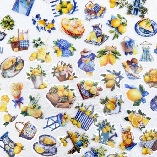 50PCS Italian Lemon Clear Stickers, Mediterranean Summer Aesthetic Decals | Waterproof Vintage Watercolor Lemon Scrapbook Stickers for Journals, Planners, Laptop, Water Bottle - color: Mediterranean Lemon