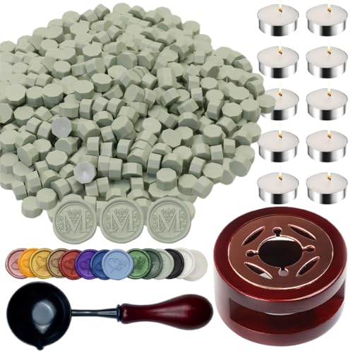 Sage Geen Sealing Wax Beads, ONWINPOR 400pcs Wax Seal Kit with Warmer, Non-Slip Spoon, Candles for Envelopes, Stamp Letter Seal,Wedding Invitations (Vanilla Green) - color: Vanilla Green